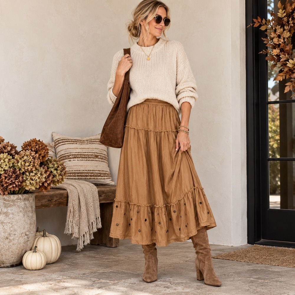 Mossimo Tiered Maxi Skirt Womens Size M Mustard Brown Boho Chic Prairie Grommet